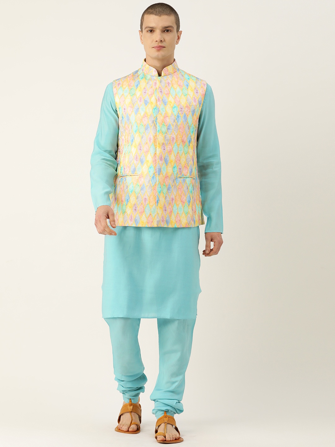 

Simaaya Men Solid Kurta with Churidar & With Nehru Jacket, Turquoise blue