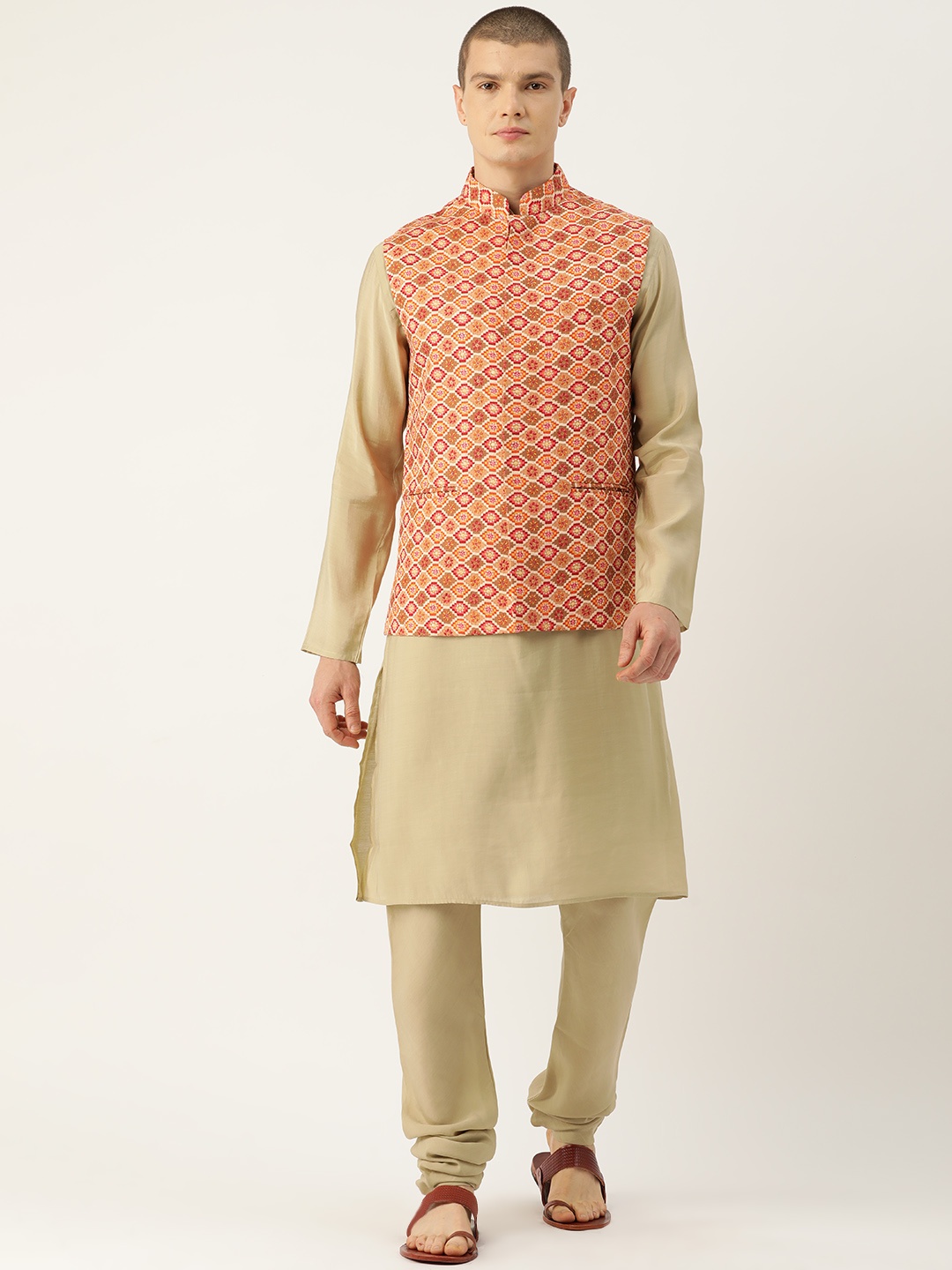 

Simaaya Men Pure Cotton Kurta with Churidar & Nehru Jacket, Beige