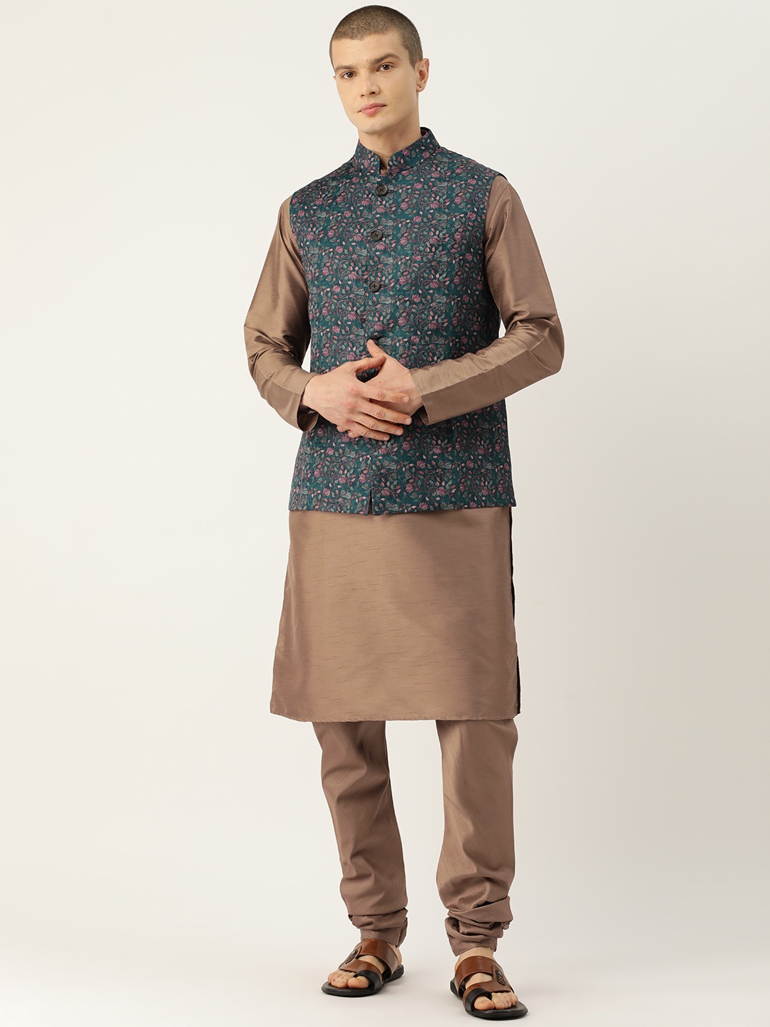 

Simaaya Men Kurta with Churidar & Nehru Jacket, Brown