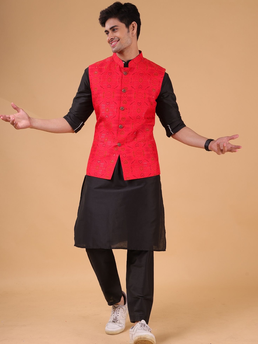 

SHIWAM ETHNIX Thrissur Collection Mandarin Collar Woven Design Nehru Jacket, Red