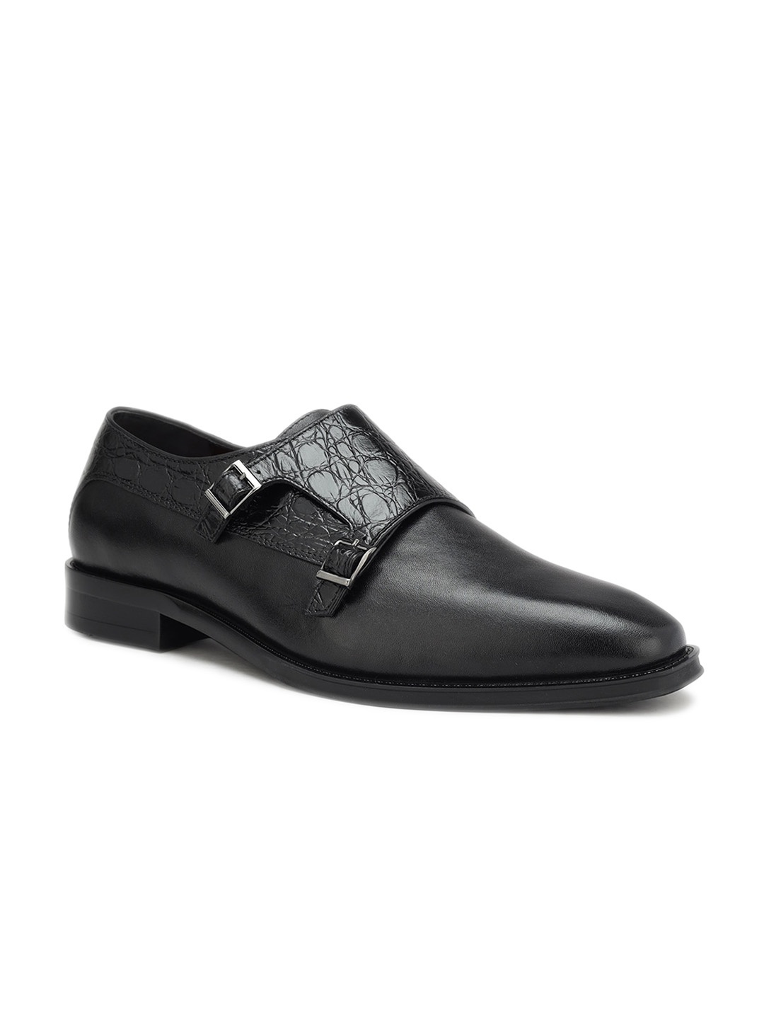 

ROSSO BRUNELLO Men Textured Square Toe Leather Formal Monk Shoes, Black