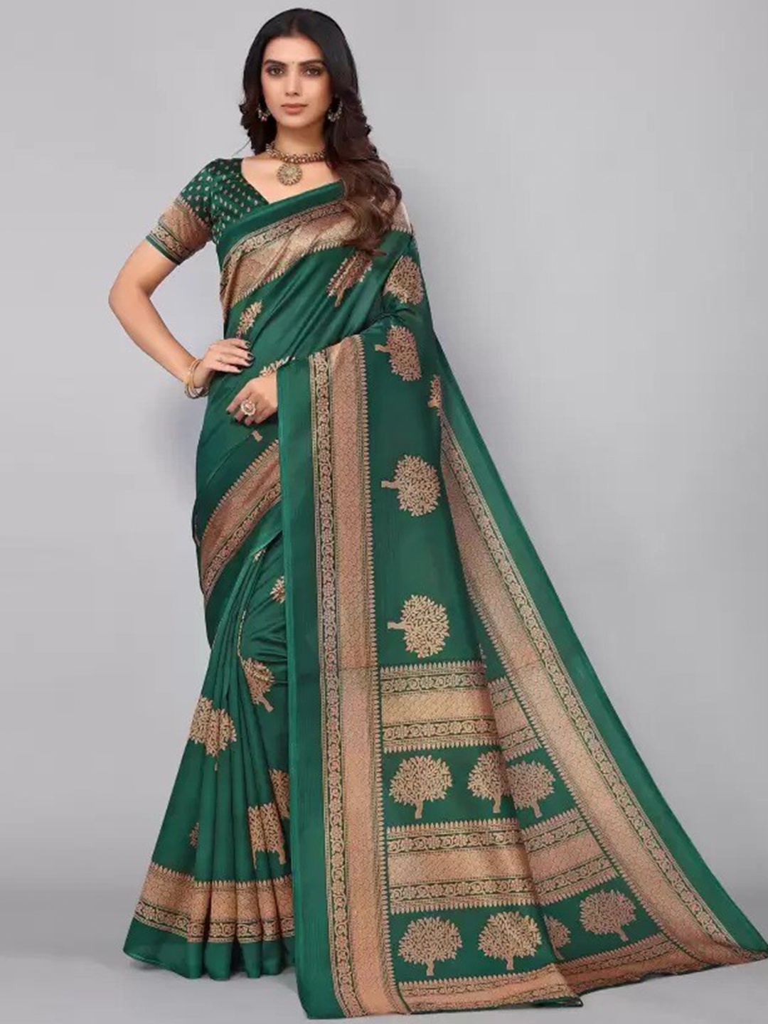 KALINI Ethnic Motifs Printed Zari Saree, Green