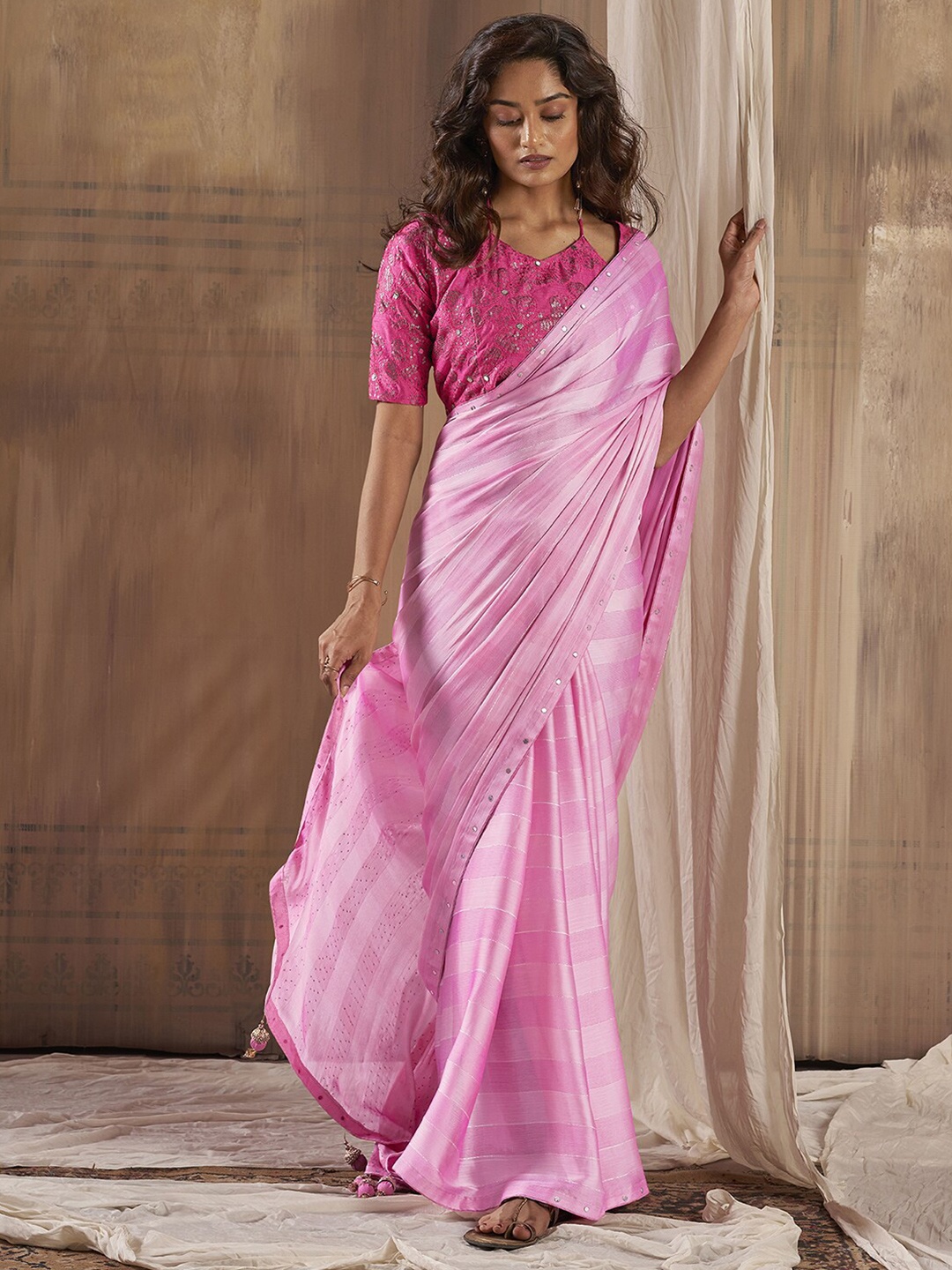 

Mitera Striped Mirror Work Banarasi Saree, Pink