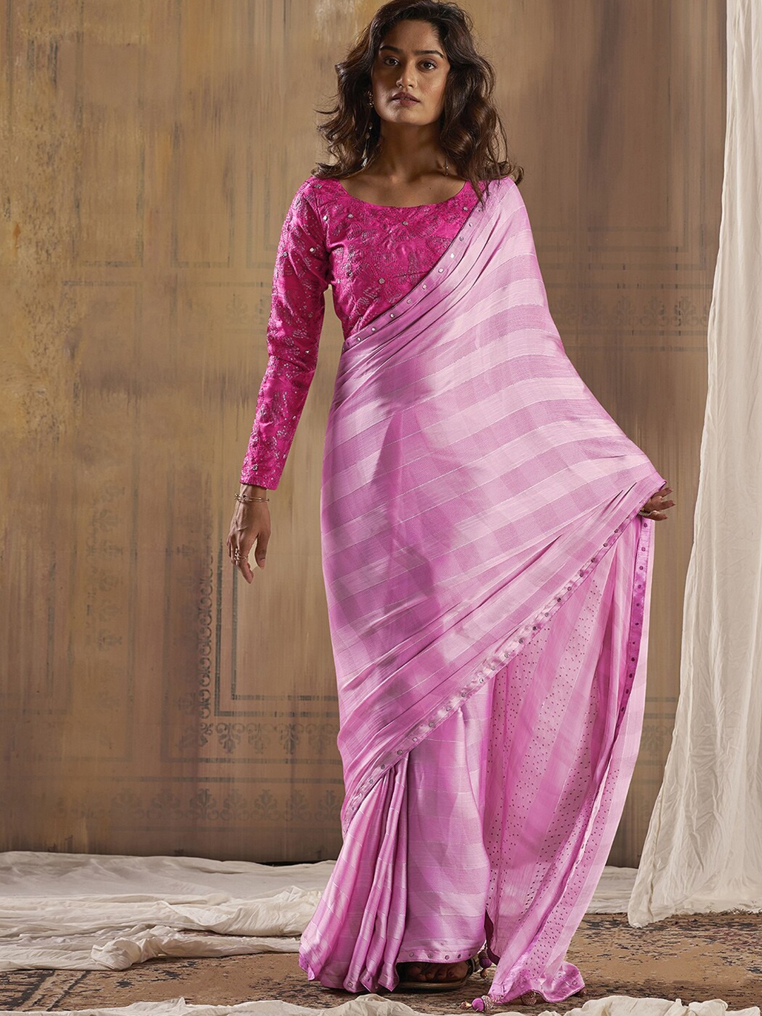 Mitera Striped Mirror Work Banarasi Saree, Pink