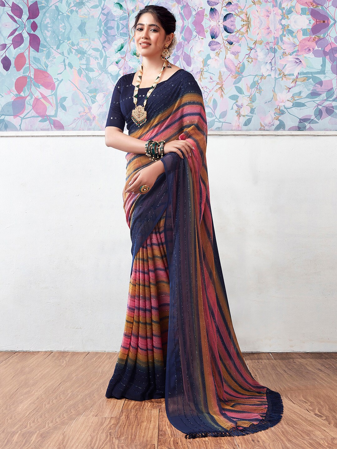 

Mitera Striped Printed & Glitter Zari Saree, Navy blue