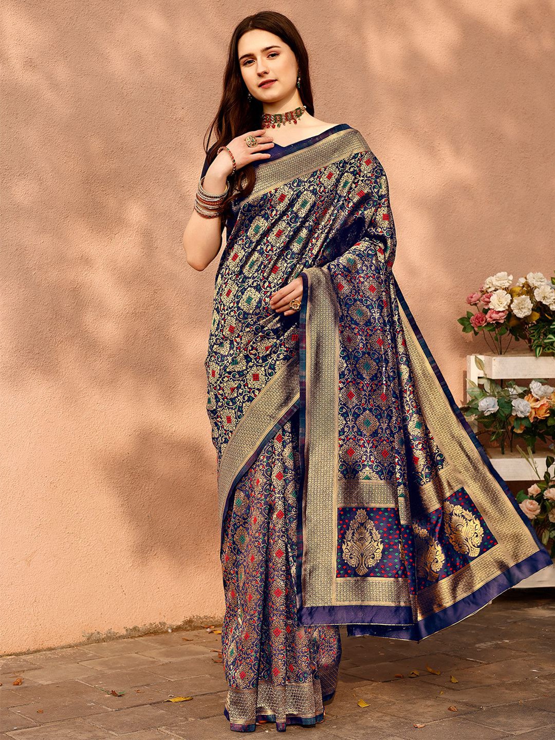 

Mitera Navy Blue & Gold-Toned Ethnic Motifs Woven Design Art Silk Banarasi Saree