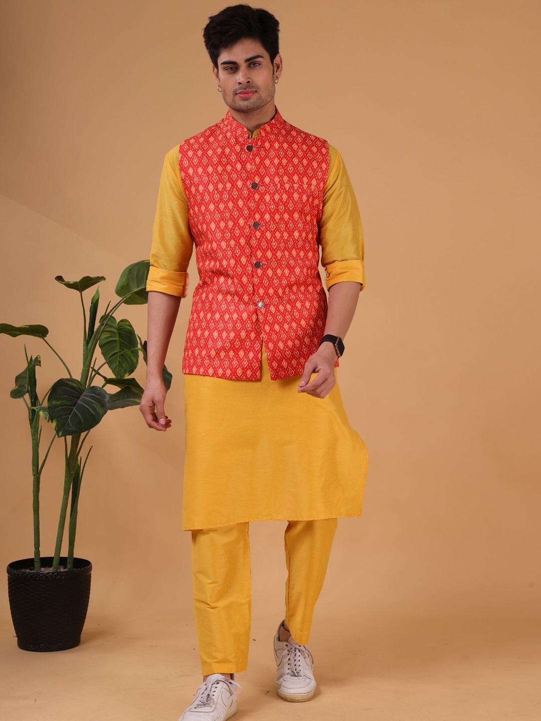 

SHIWAM ETHNIX Printed Mandarin Collar Nehru Jacket, Orange