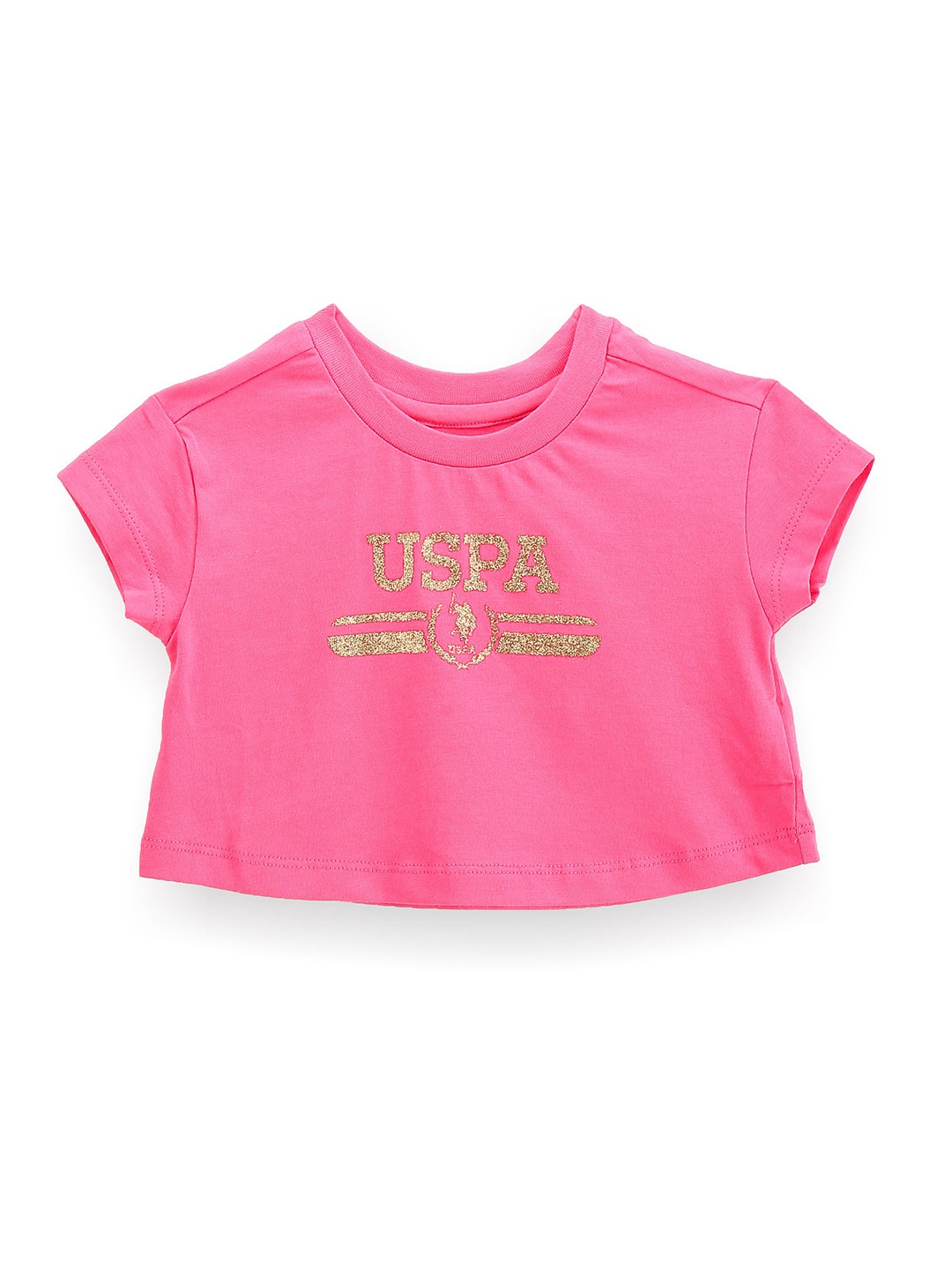 

U.S. Polo Assn. Kids Girls Brand Logo Printed Round Neck Pure Cotton Crop T-shirt, Pink