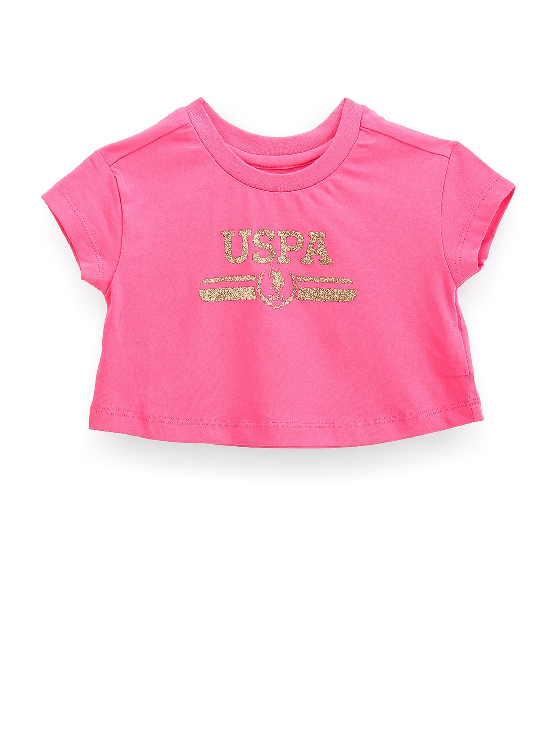 U.S. Polo Assn. Kids Girls Typography Printed Pure Cotton Cop T-shirt, Pink