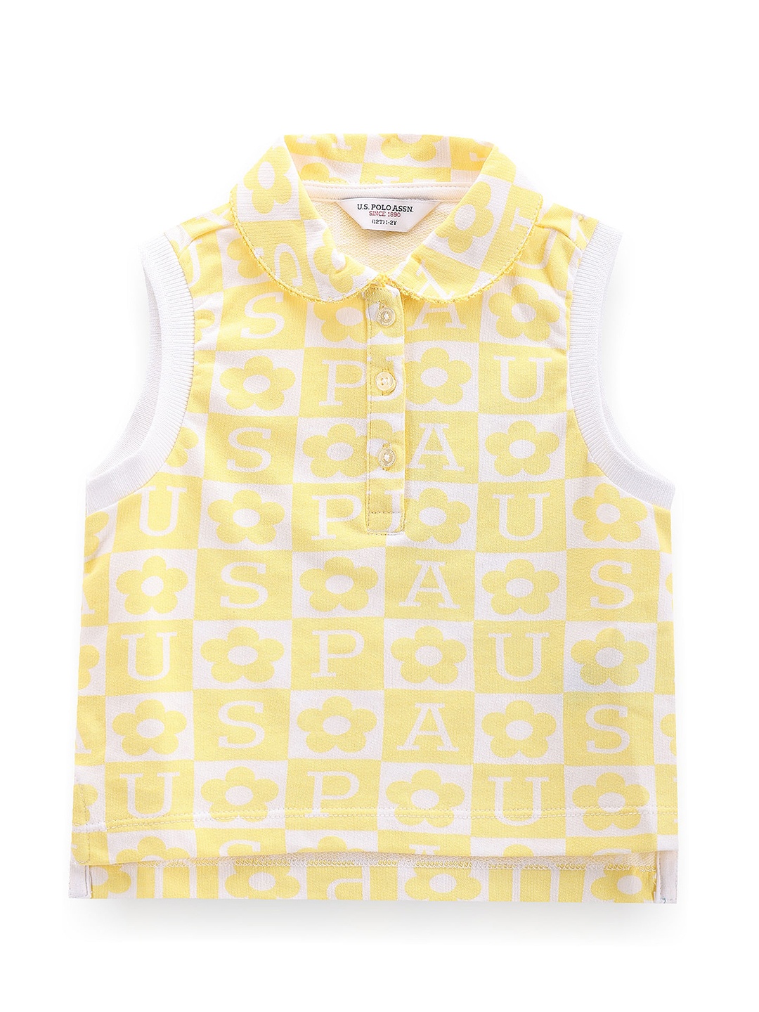 

U.S. Polo Assn. Kids Girls Floral Printed Polo Collar Sleeveless Pure Cotton T-shirt, Yellow