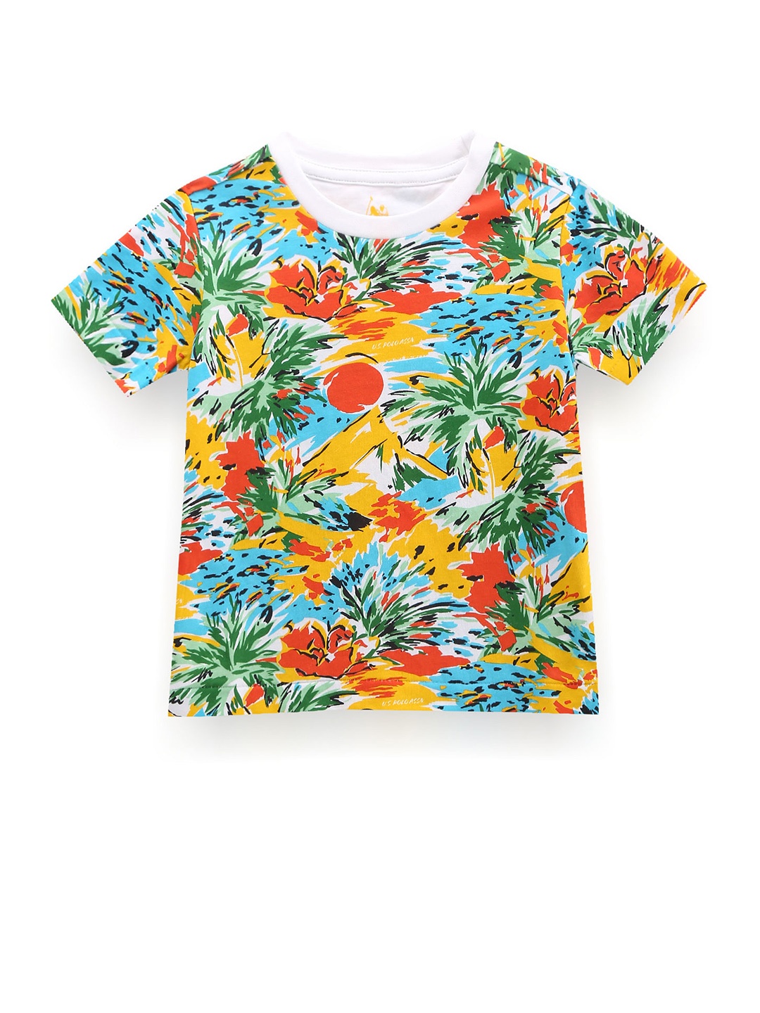 

U.S. Polo Assn. Kids Boys Tropical Printed Round Neck Pure Cotton T-shirt, White
