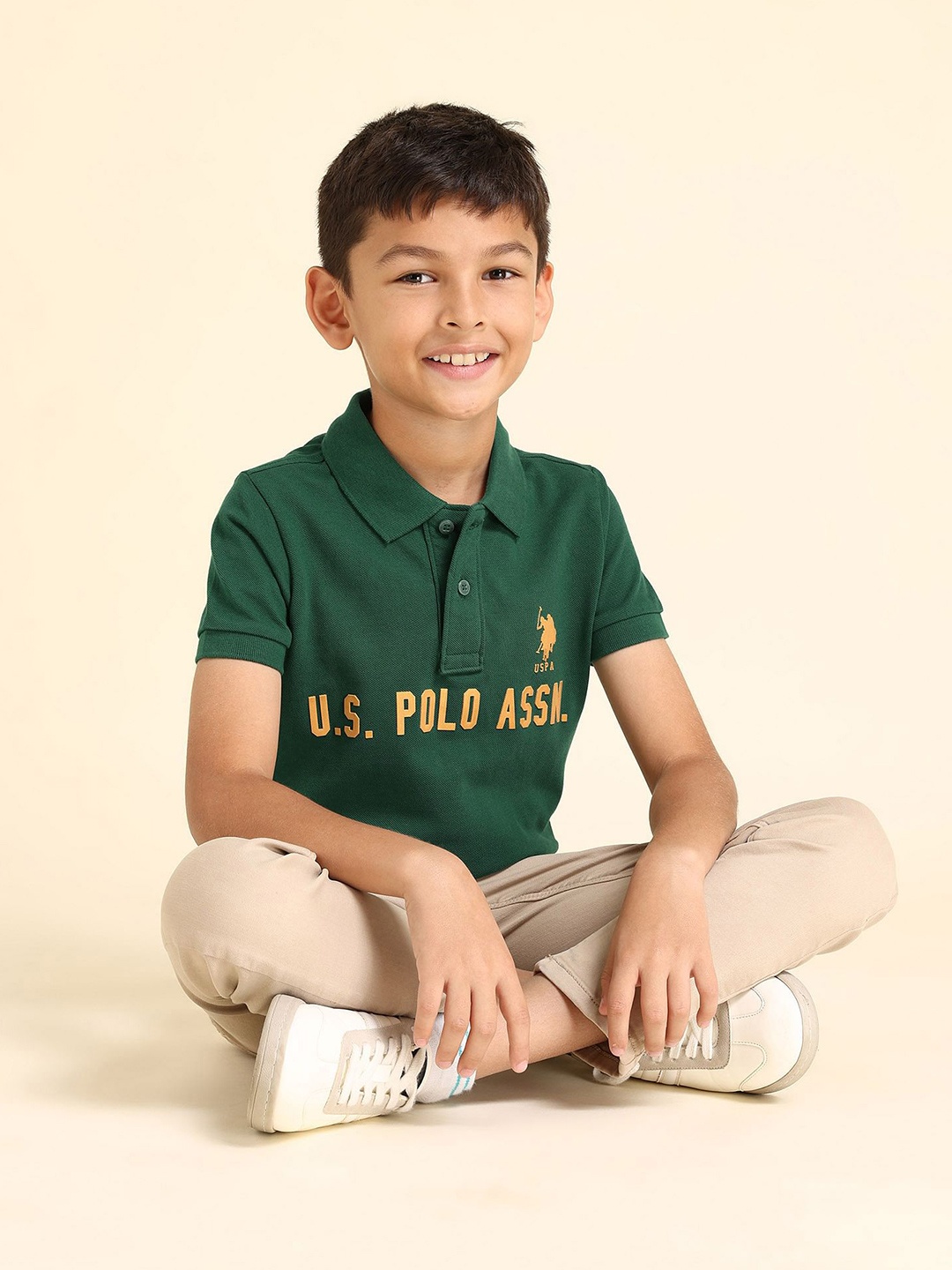 U.S. Polo Assn. Kids Boys Brand Logo Printed Polo Collar Pure Cotton T-shirt, Green