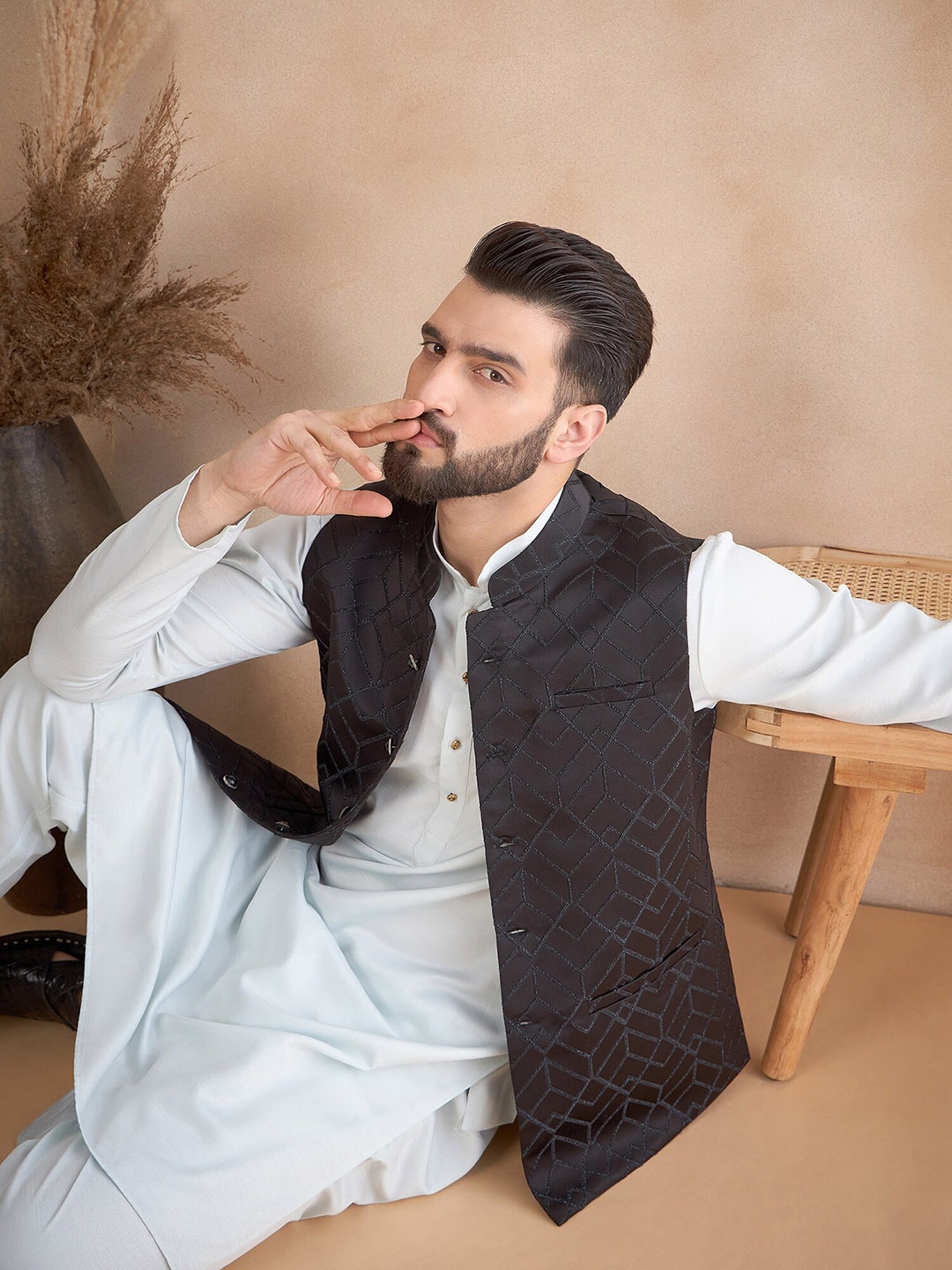 

House of Pataudi Jacquard Woven Design Mandarin Collar Zari Work Nehru Jacket, Black