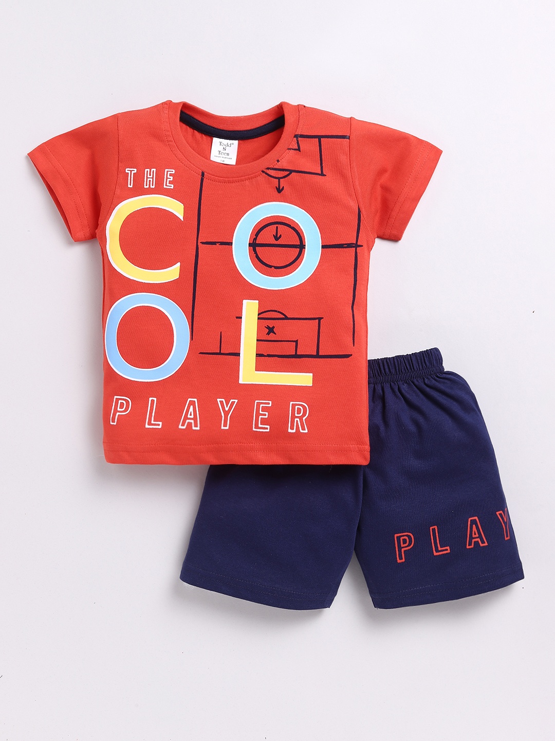 

Todd N Teen Boys Printed Pure Cotton T-shirt With Shorts, Orange
