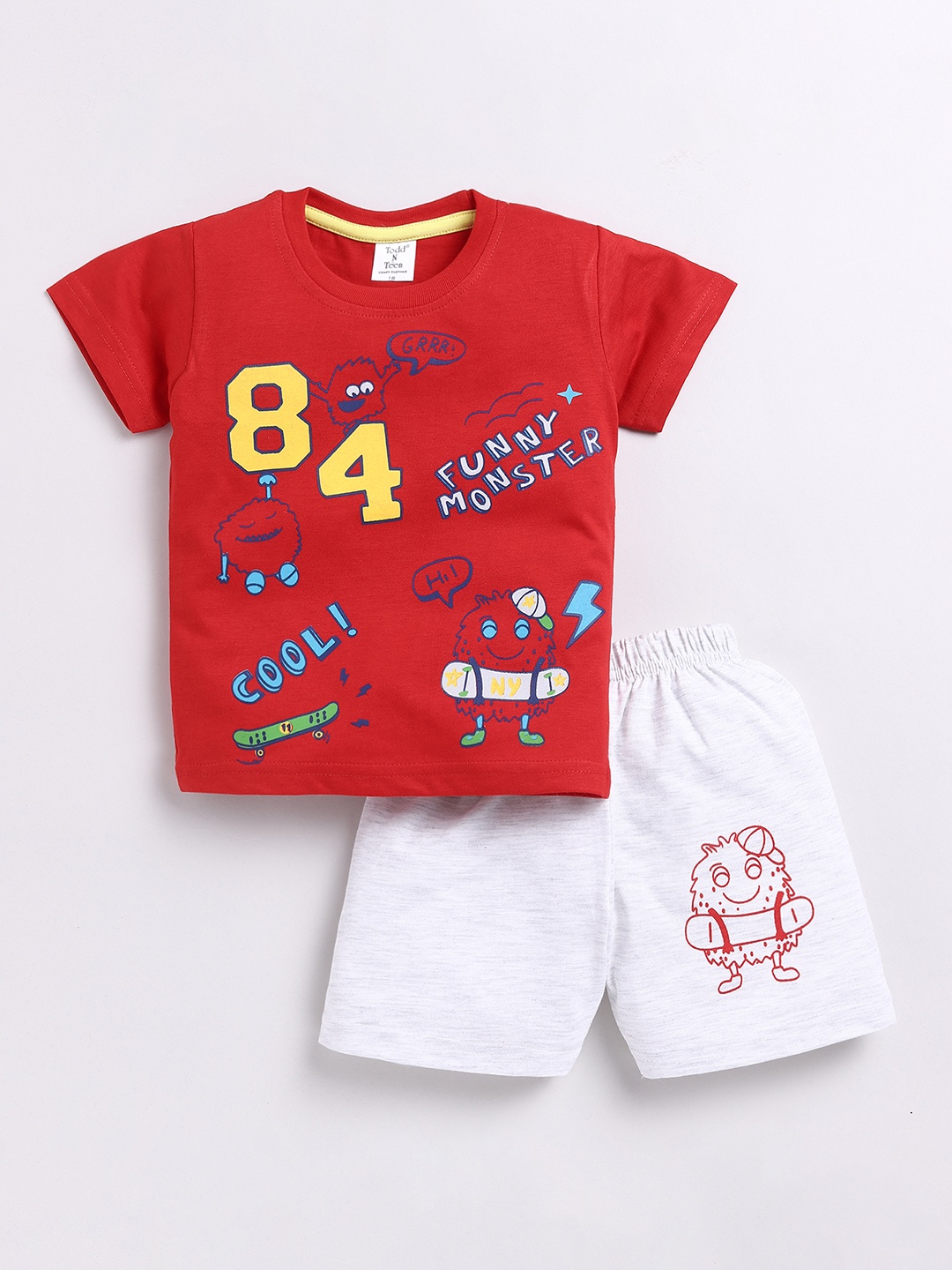 

Todd N Teen Infants Boys Conversational Printed Pure Cotton T-shirt With Shorts, Red