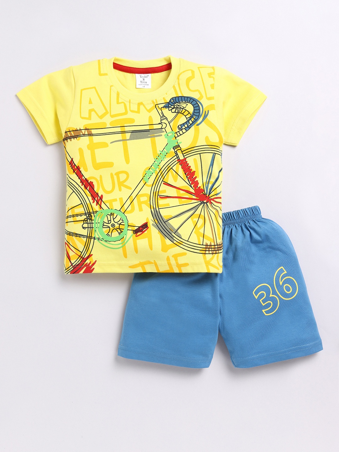 

Todd N Teen Boys Printed Pure Cotton T-shirt With Shorts, Yellow
