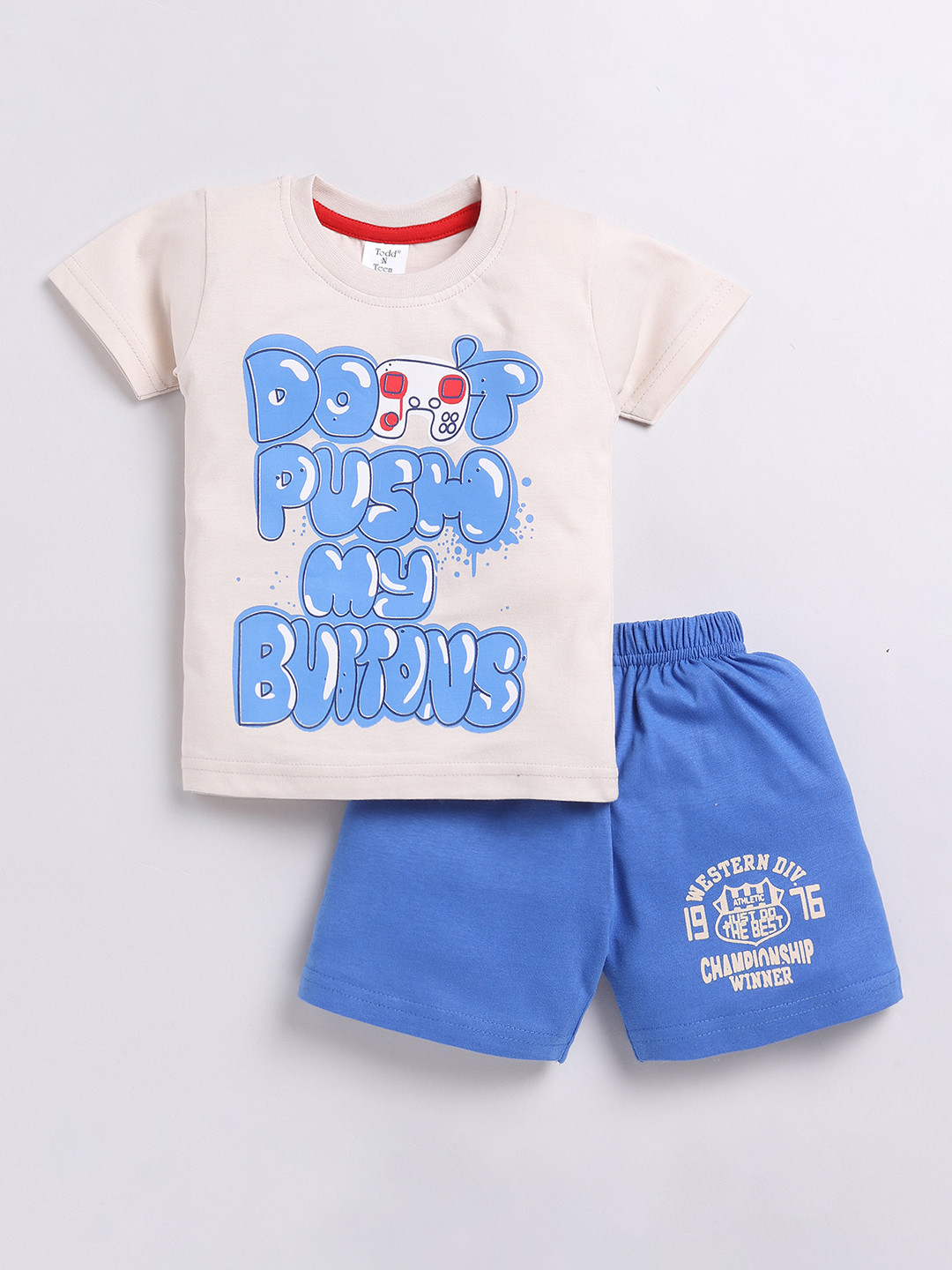 

Todd N Teen Boys Printed Pure Cotton T-shirt With Shorts, Beige