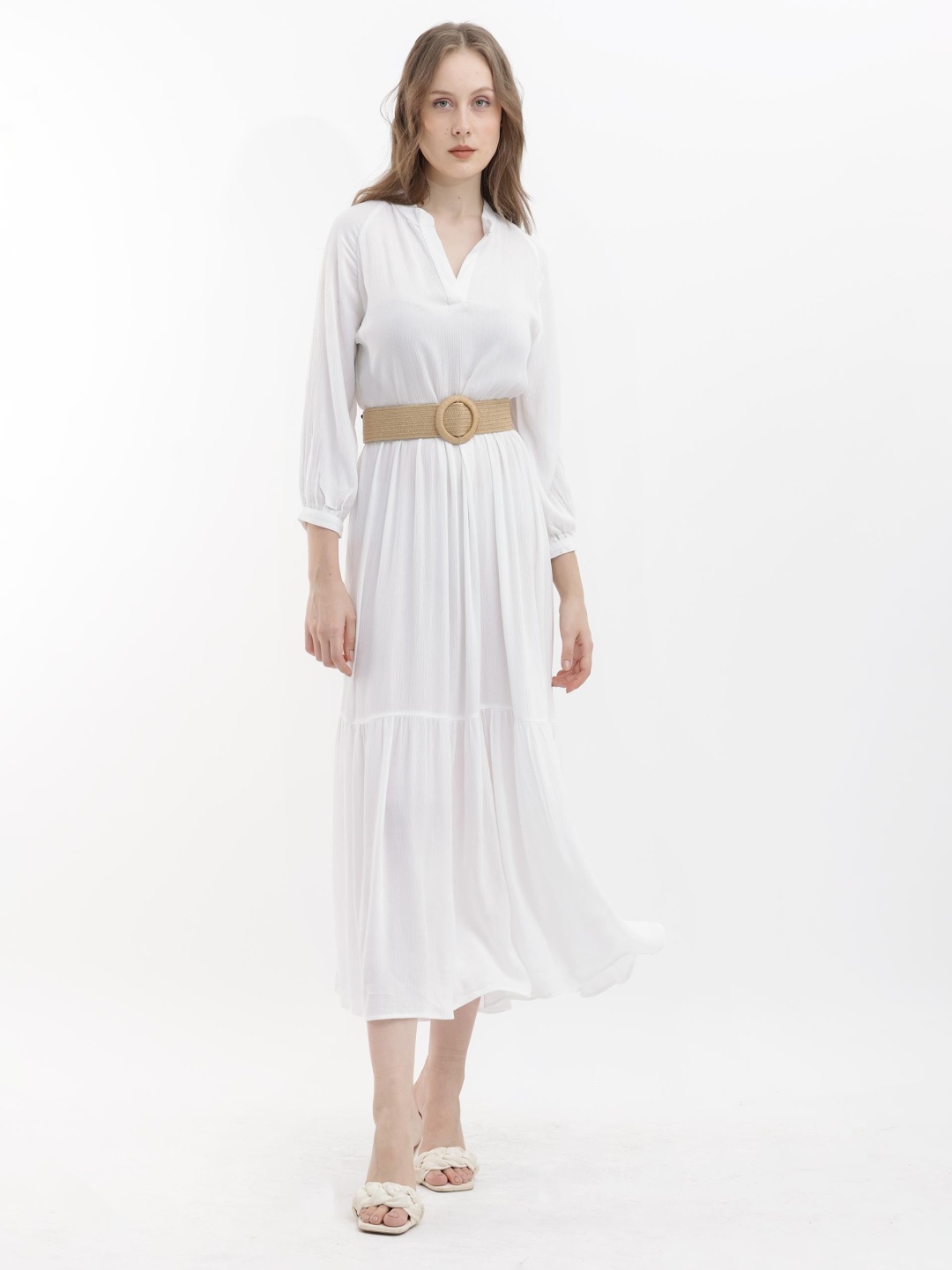 

RAREISM Mandarin Collar Cuffed Sleeves Gathered Tiered Fit & Flare Midi Dress, White