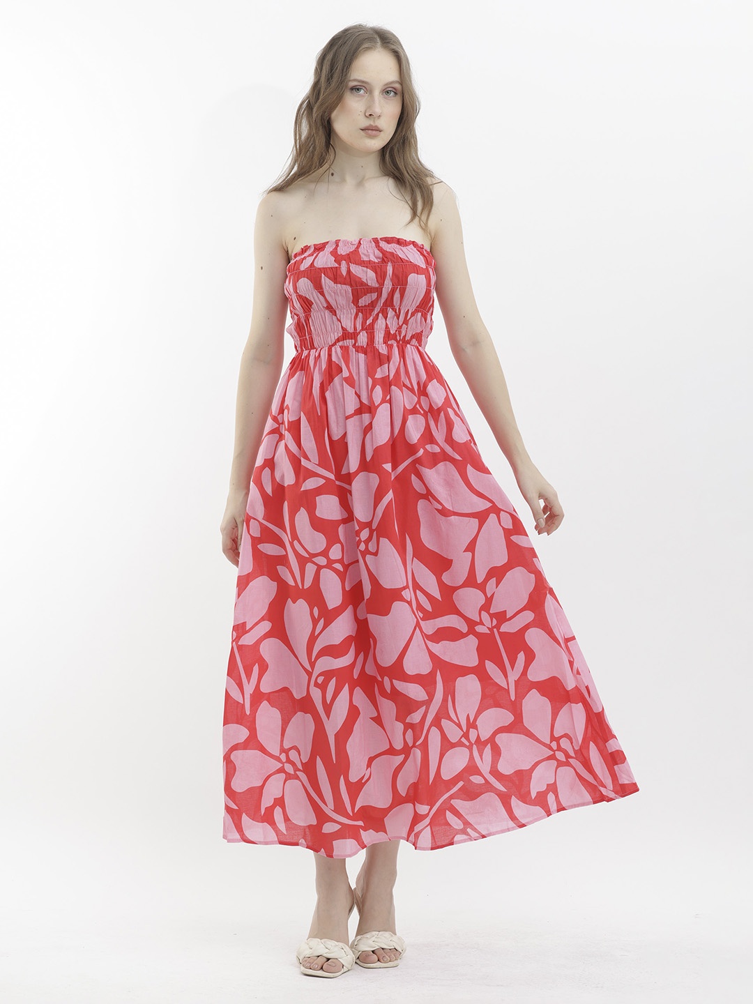 

RAREISM Floral Printed Strapless Sleeveless Smocked Maxi Dress, Red