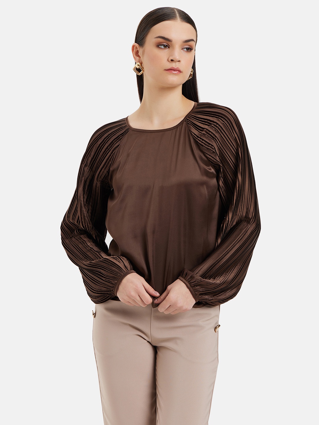 Kazo Puff Sleeves Pleated Detailed Satin Top, Brown