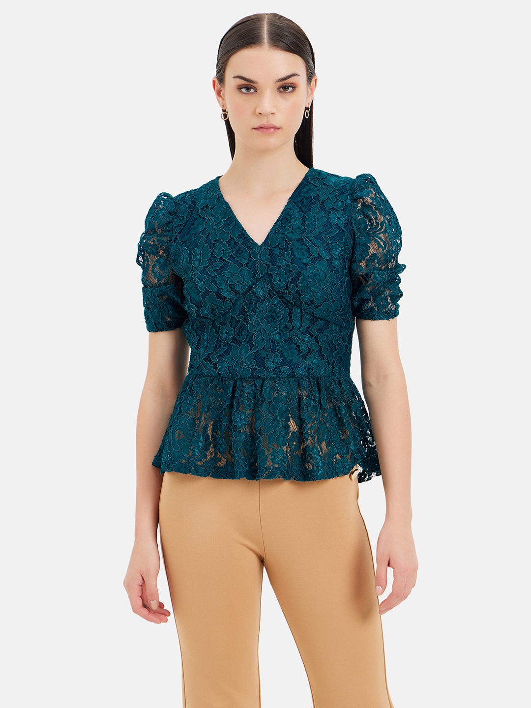 

Kazo Floral Self Design V-Neck Puff Sleeves Gathered Detailed Peplum Top, Teal