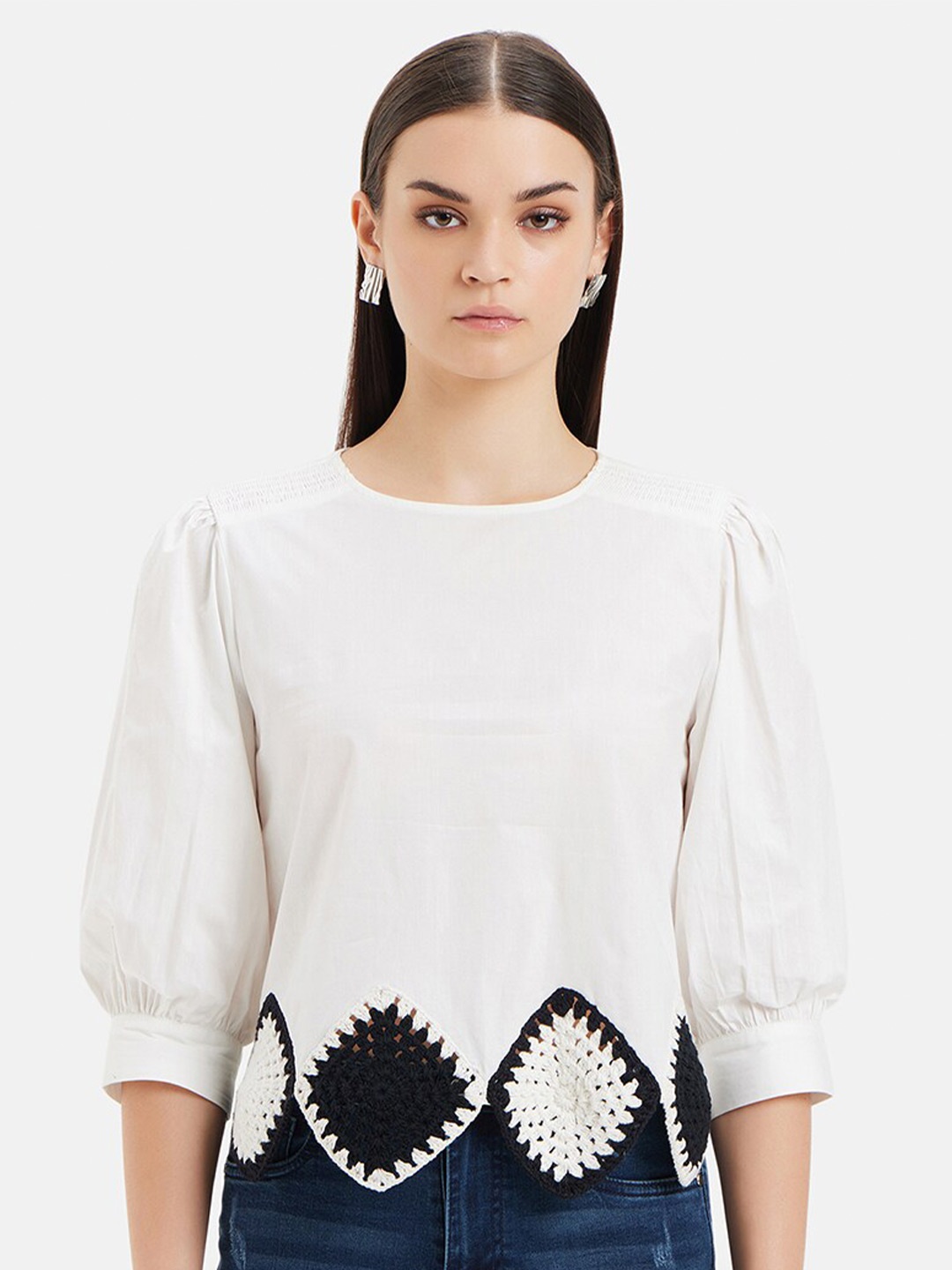 

Kazo Puff Sleeve Hailey Crochet Detailed Puff Sleeves Top, White