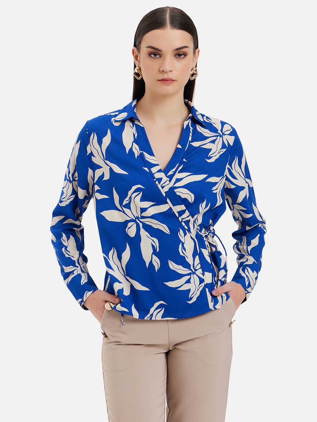 

Kazo Floral Printed Shirt Collar Cuffed Sleeves Satin Wrap Top, Blue