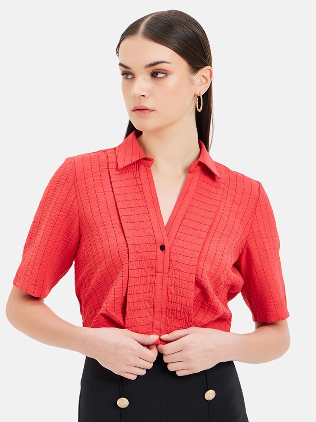 

Kazo Stripe Printed Shirt Style Crop Top, Red