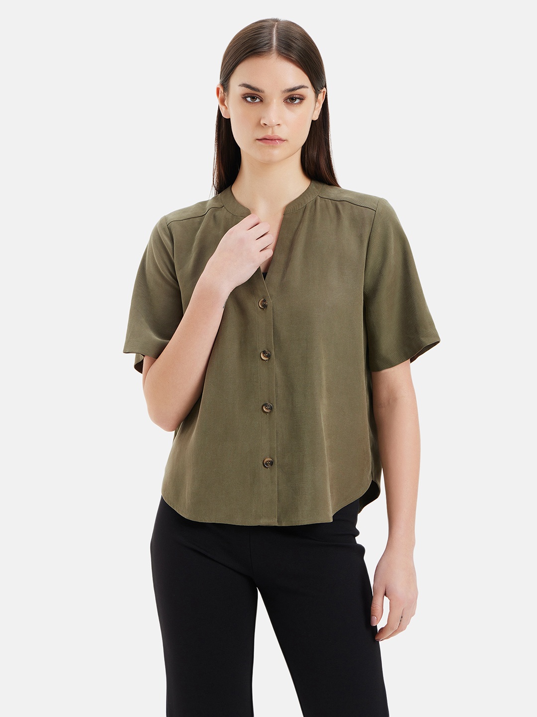

Kazo Mandarin Collar Satin Shirt Style Top, Olive