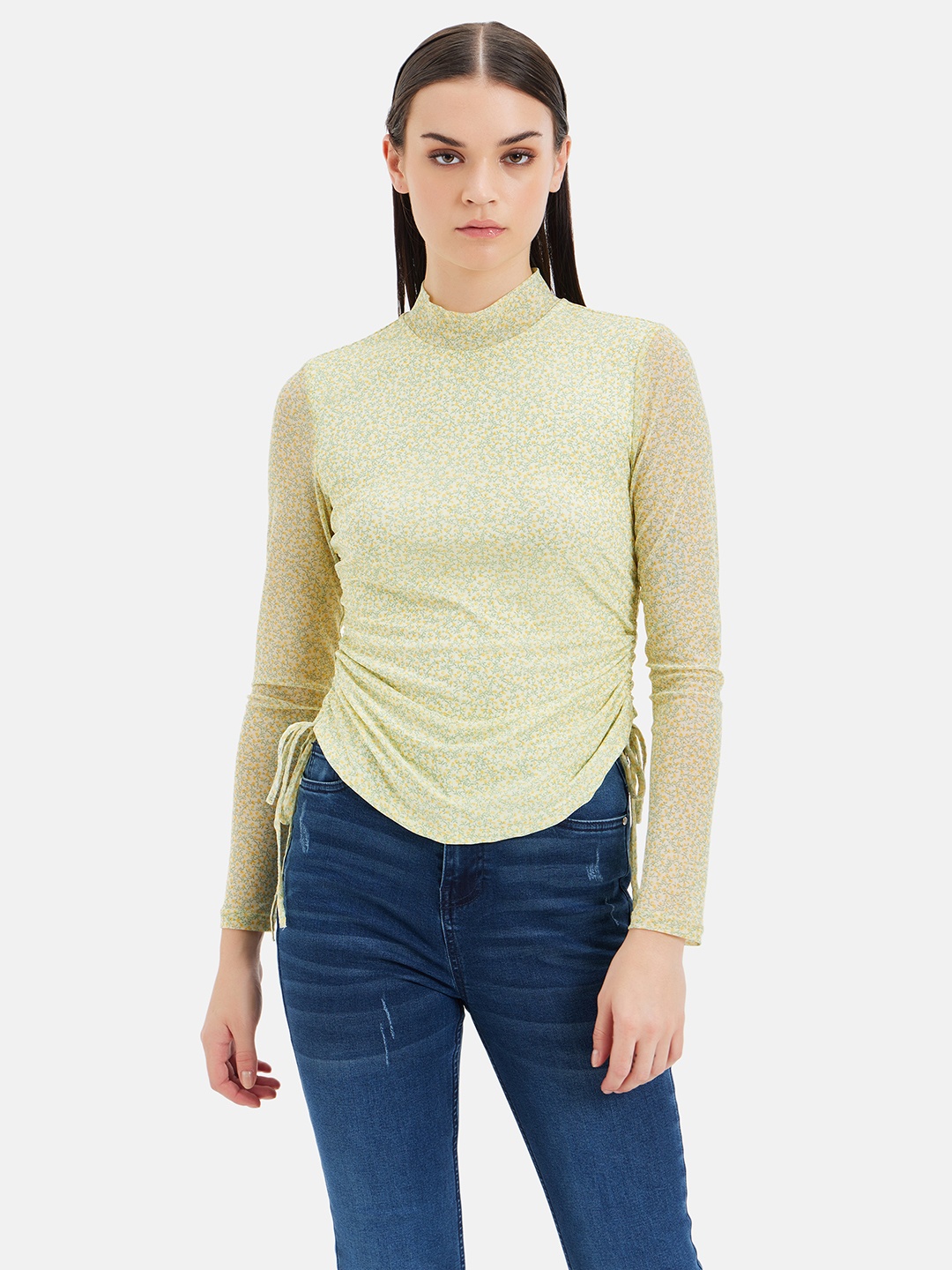

Kazo Floral Printed High Neck Gathered Detailed Ruched Satin Fitted Top, Yellow