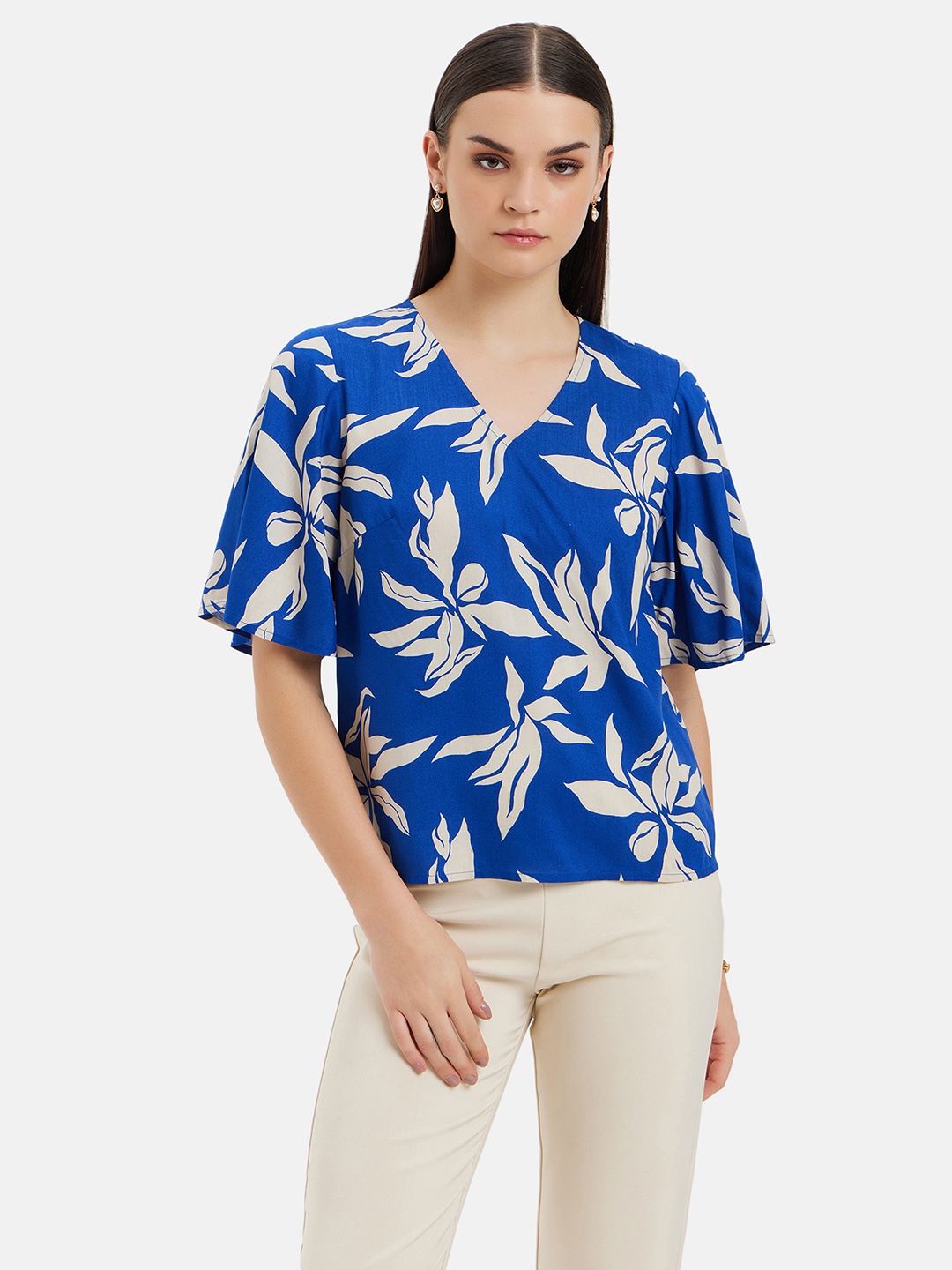 

Kazo Floral Printed Flared Sleeve Satin Top, Blue