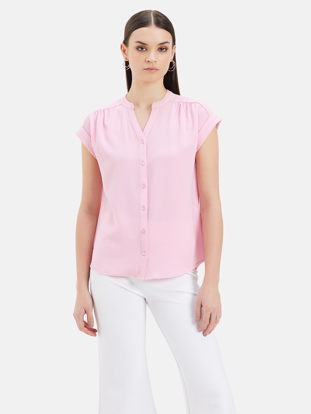 

Kazo Mandarin Collar Extended Sleeves Gathered Detailed Shirt Style Top, Pink