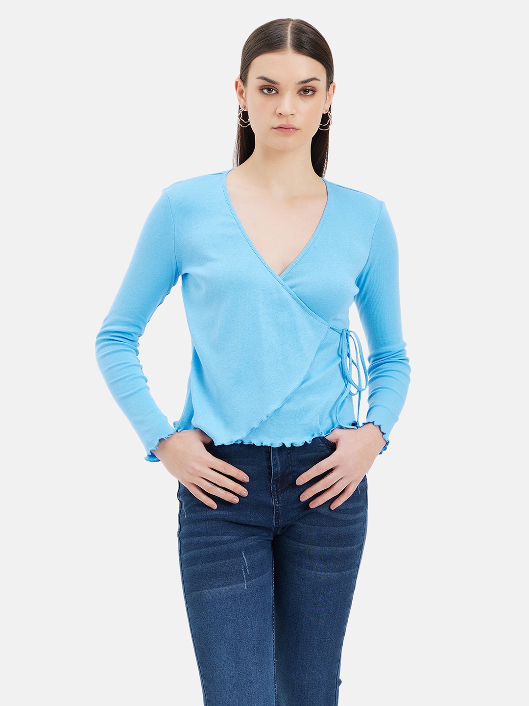 Kazo V-Neck Cotton Wrap Top, Blue