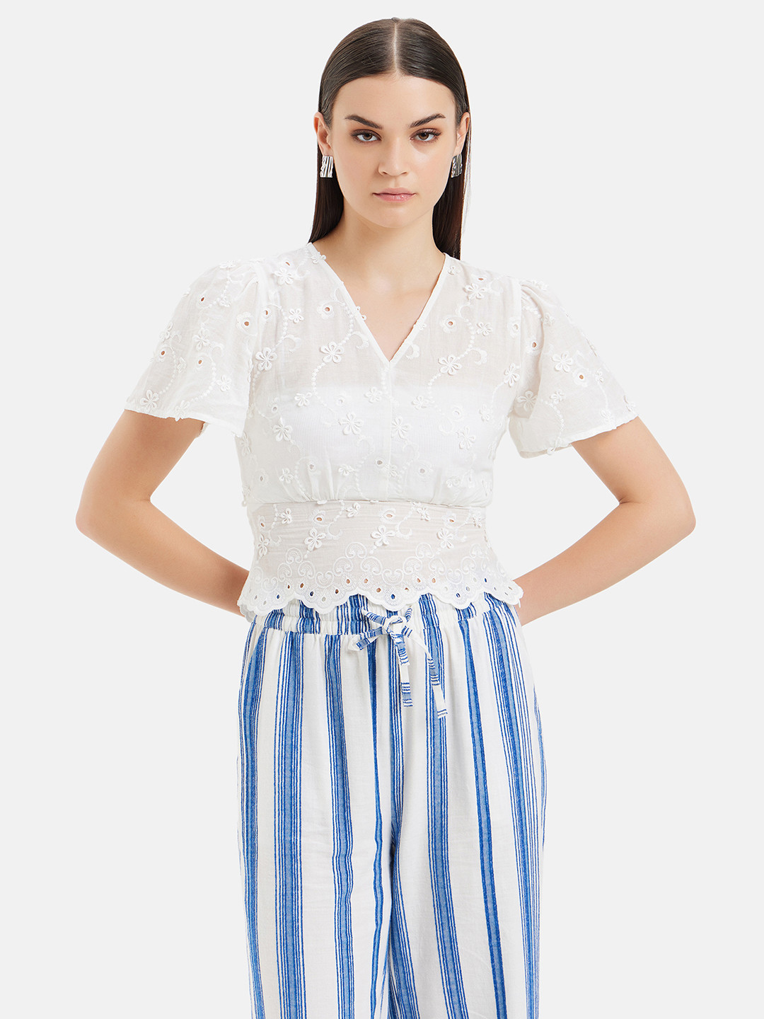 

Kazo Floral Embroidered V-Neck Puff Sleeves Cotton Top, White