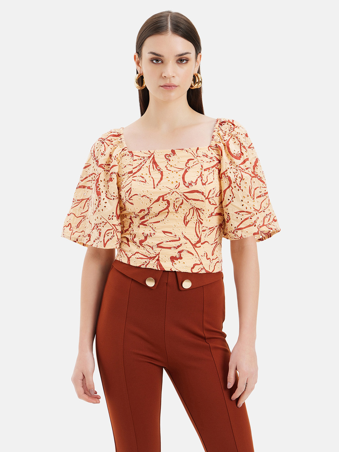 

Kazo Print Self Design Square Neck Flared Sleeve Cotton Top, Beige