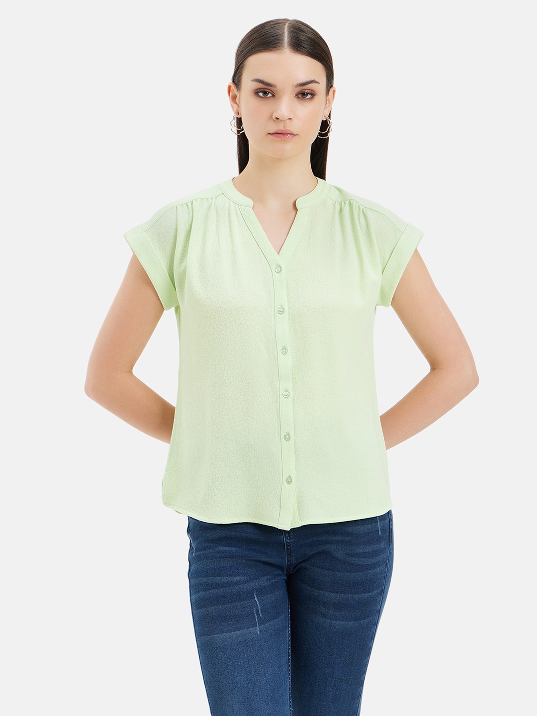 Kazo Mandarin Collar Extended Sleeves Shirt Style Top, Green