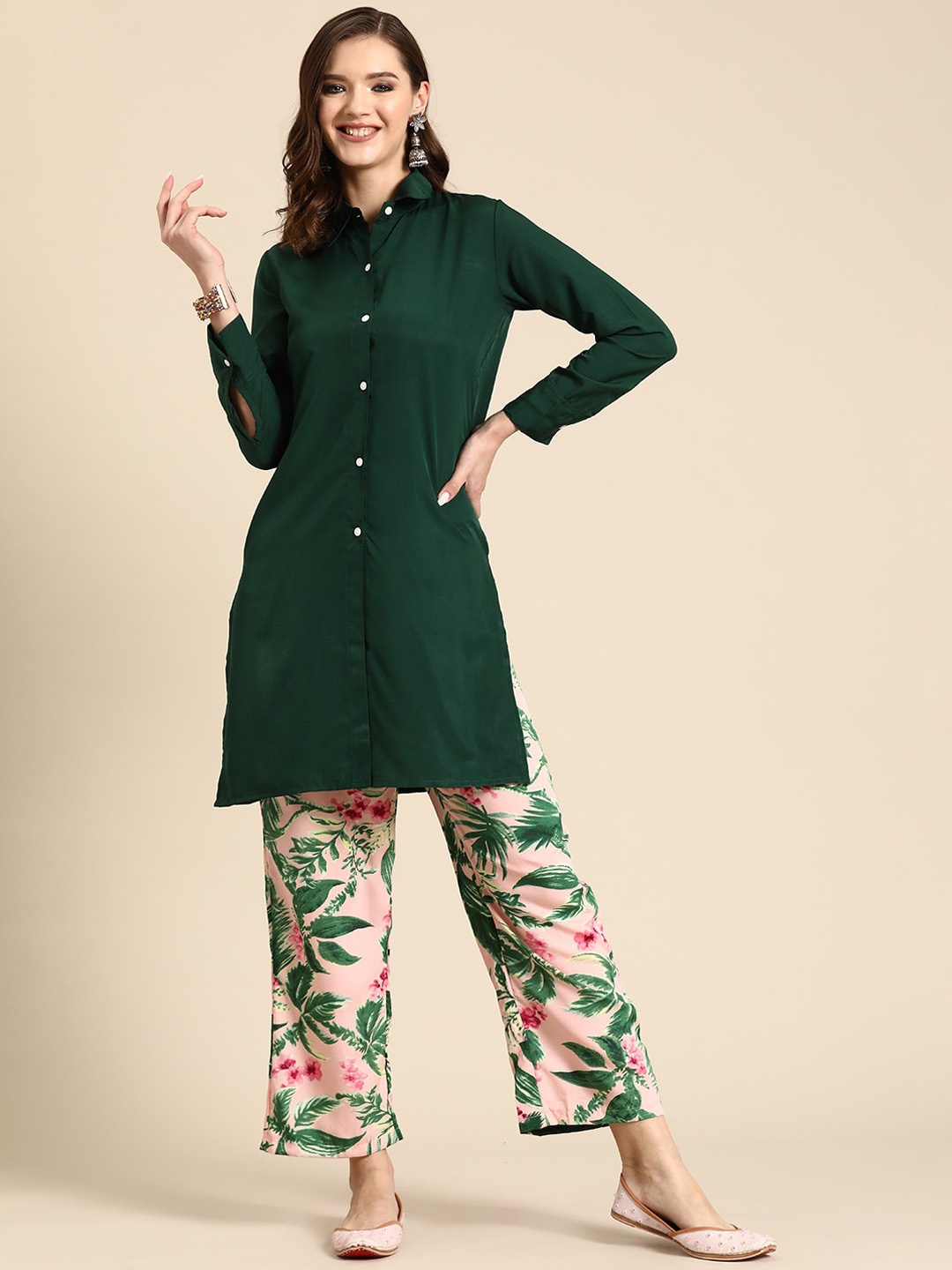 

Sangria Shirt Collar Kurti & Trousers Set, Green