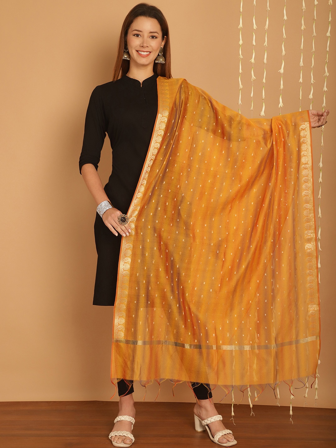 

SOUNDARYA Ethnic Motifs Woven Design Banarasi Silk Dupatta, Yellow