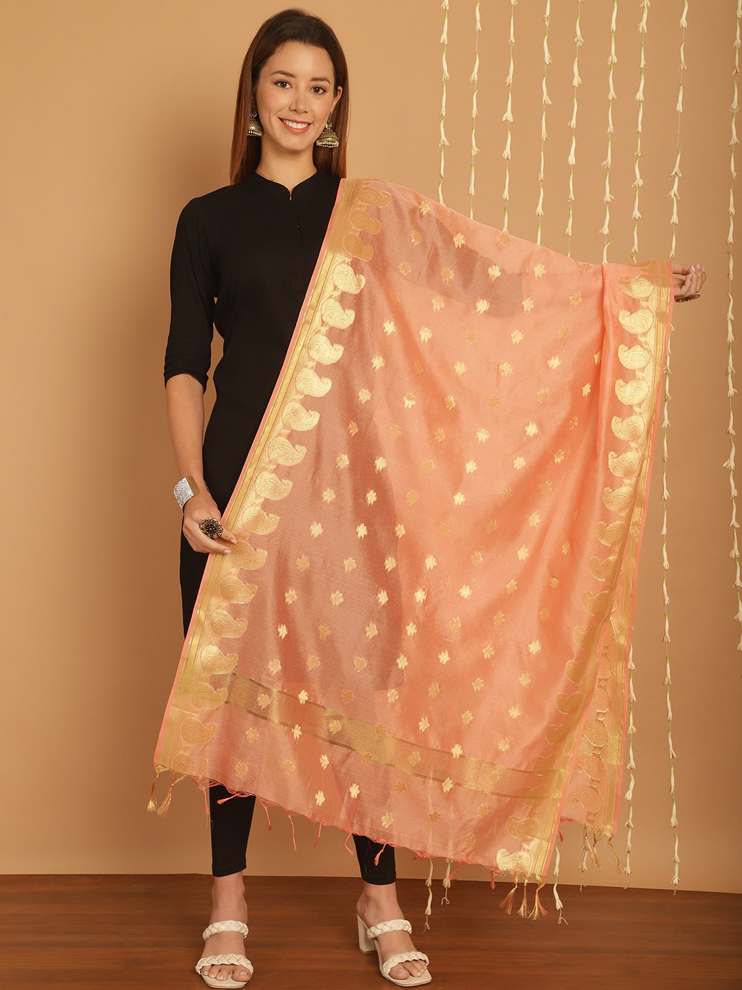 SOUNDARYA Ethnic Motifs Woven Design Banarasi Silk Dupatta, Peach