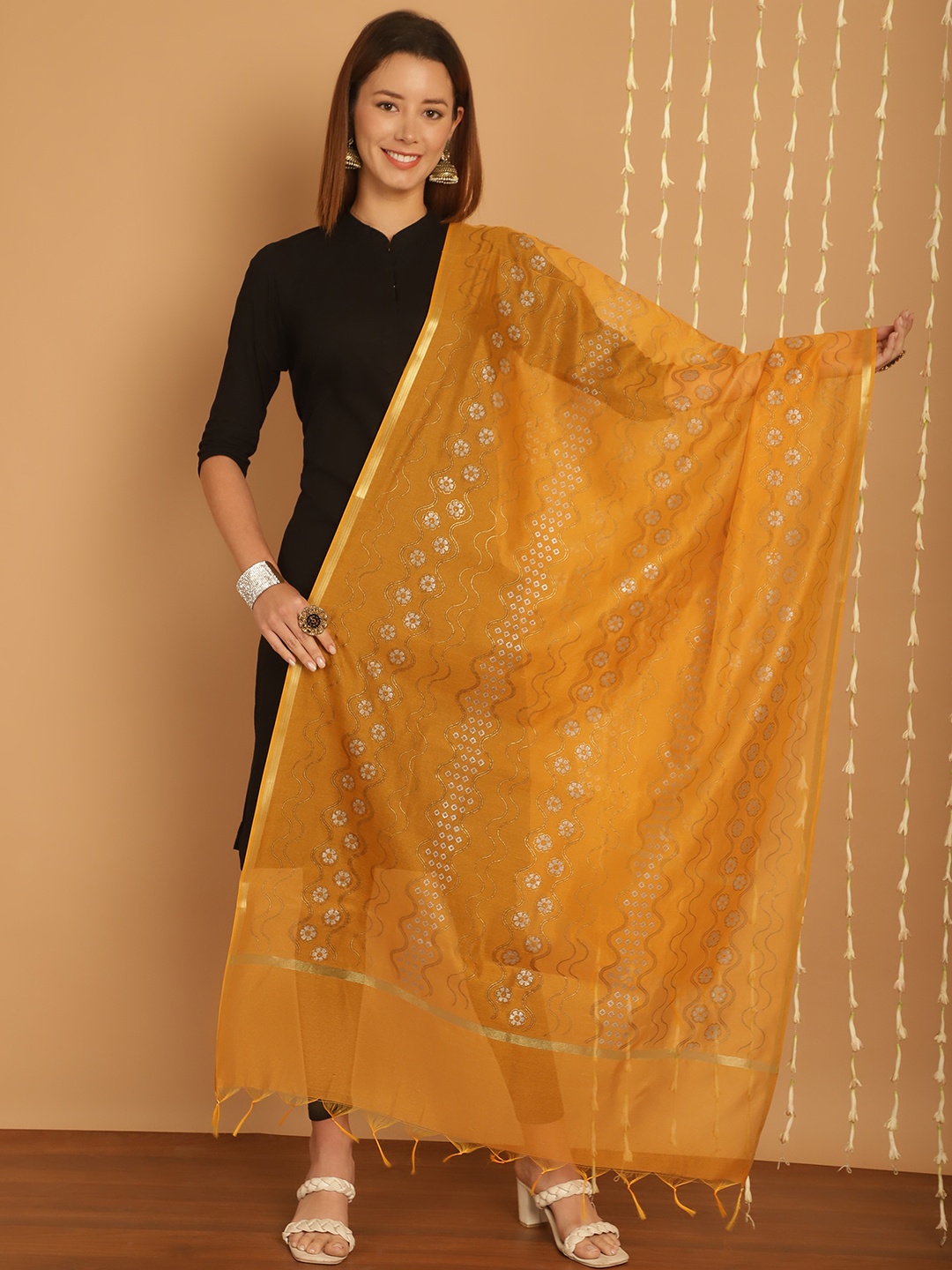 SOUNDARYA Ethnic Motifs Printed Banarasi Silk Dupatta, Mustard
