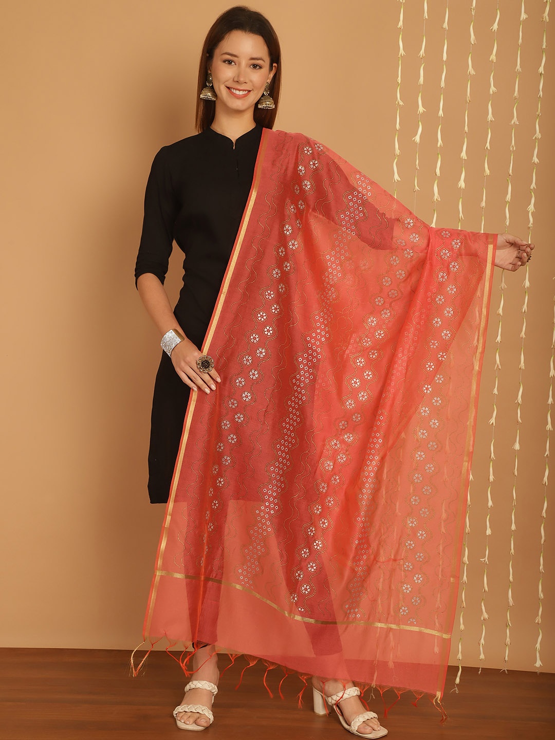 SOUNDARYA Ethnic Motifs Printed Banarasi Silk Dupatta, Orange