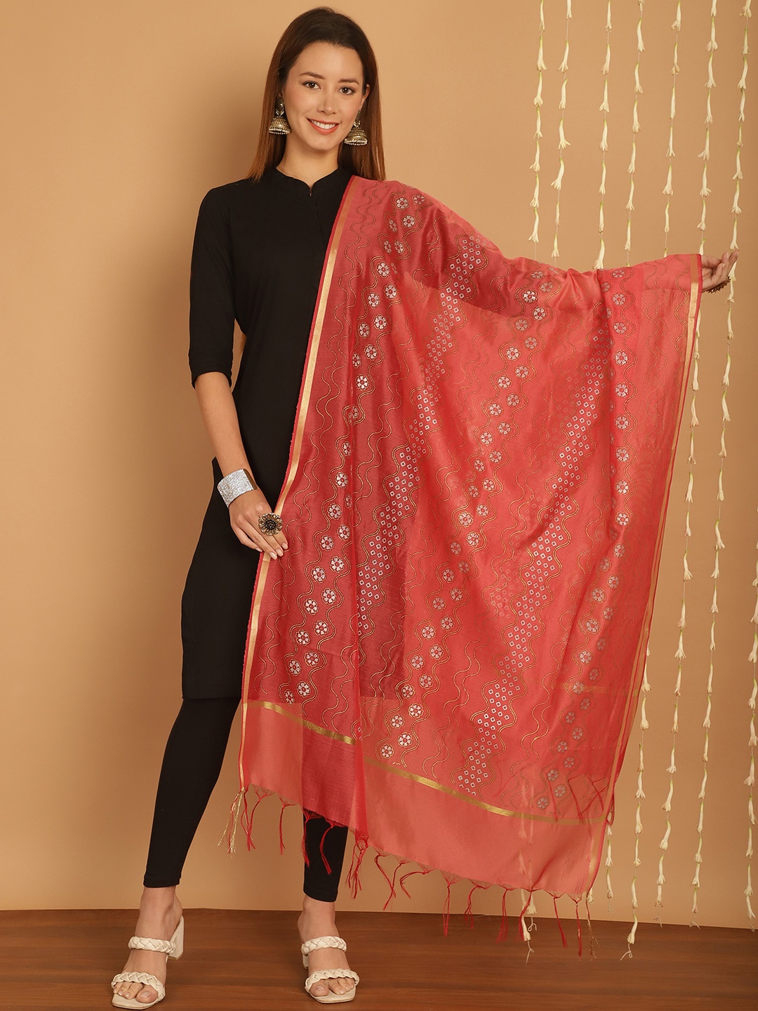 

SOUNDARYA Ethnic Motifs Woven Design Banarasi Dupatta, Coral