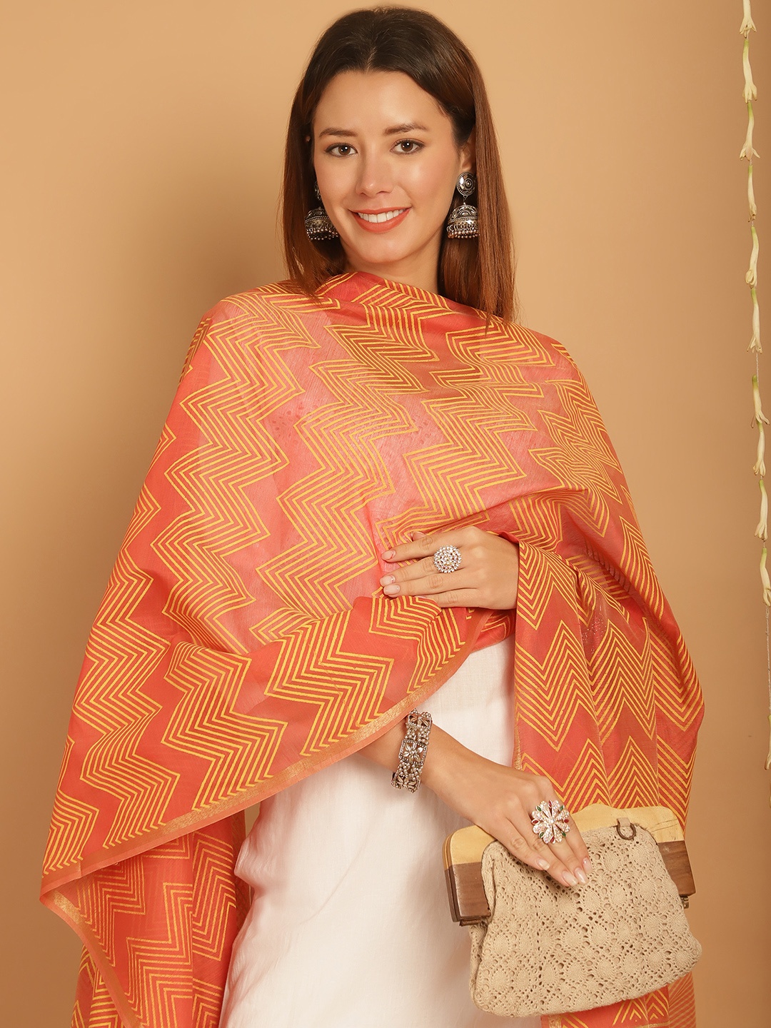 

SOUNDARYA Geometric Printed Banarasi Silk Dupatta, Orange