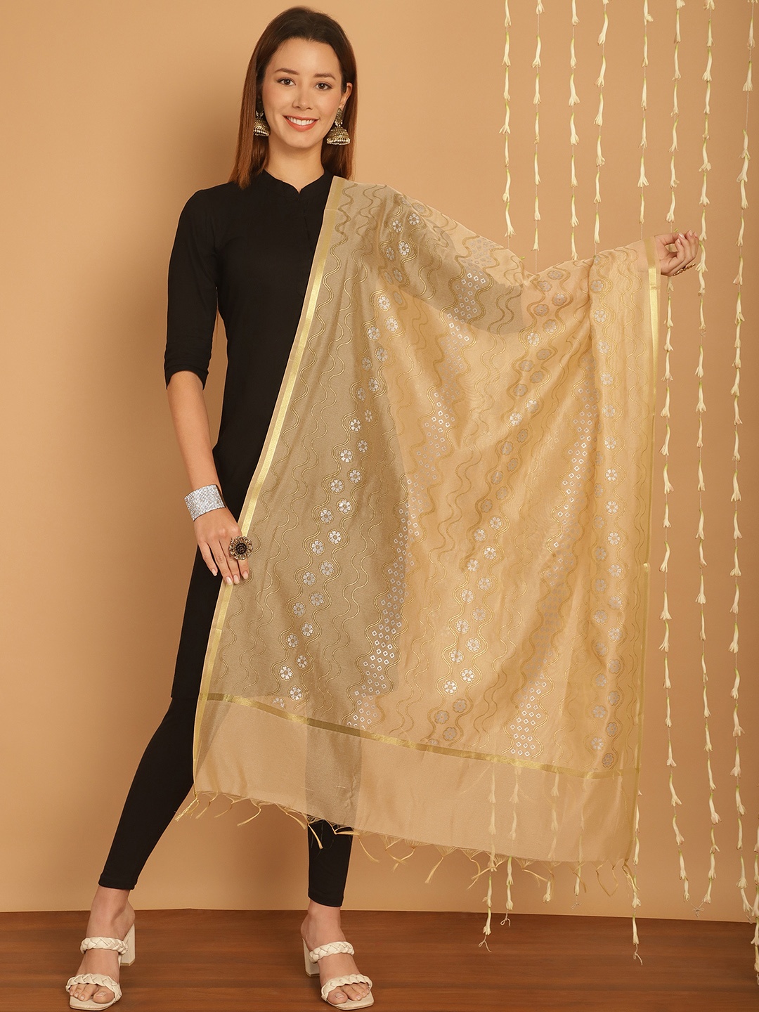 

SOUNDARYA Ethnic Motifs Printed Banarasi Silk Dupatta, Cream