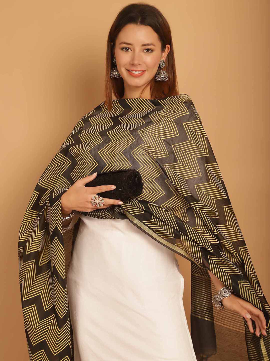 

SOUNDARYA Geometric Printed Banarasi Silk Dupatta, Coffee brown