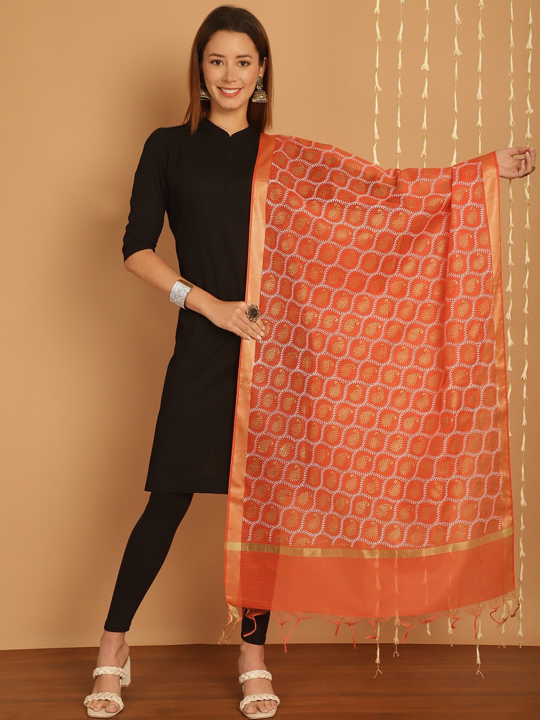 

SOUNDARYA Paisley Printed Banarasi Silk Dupatta, Orange