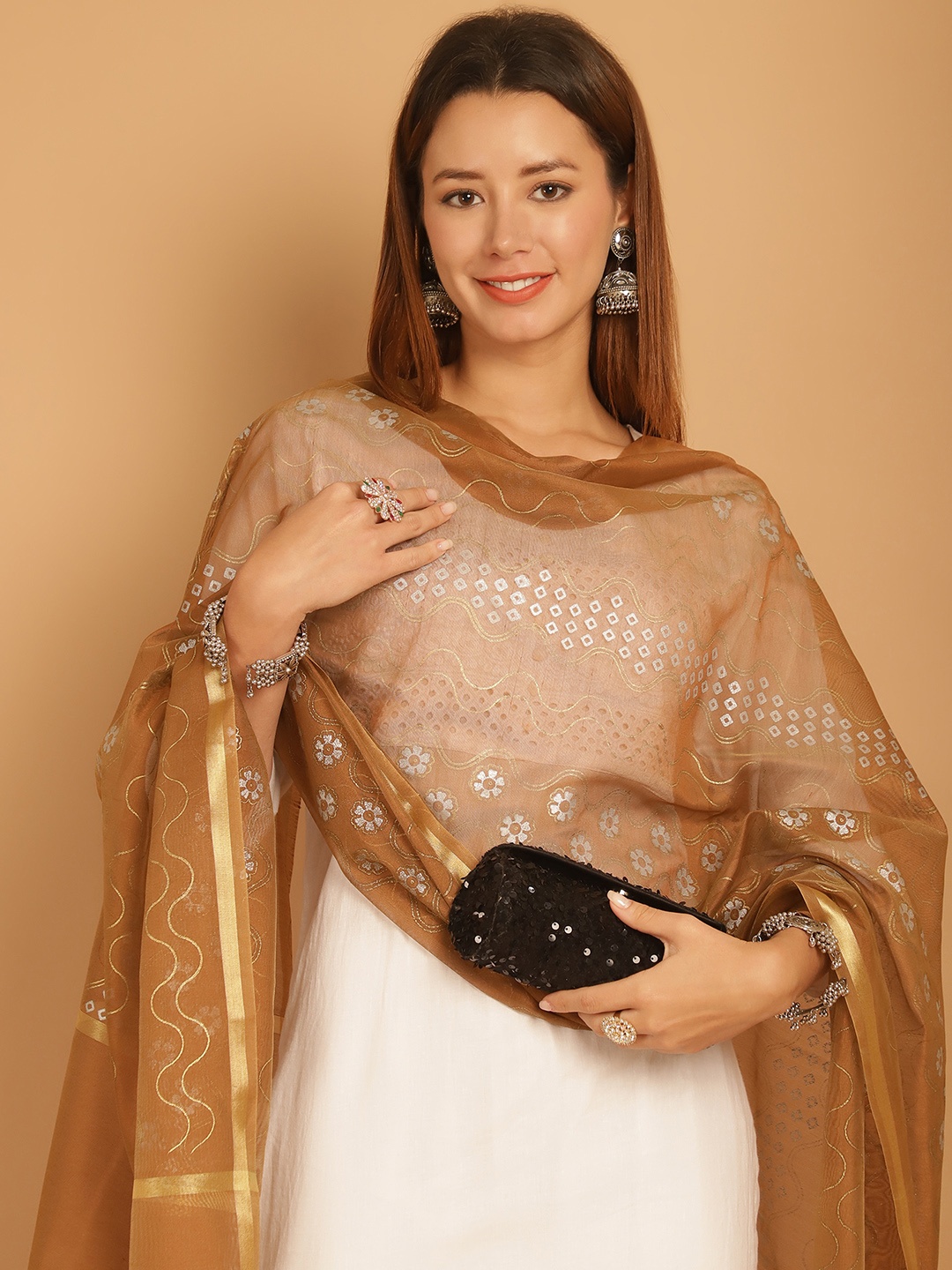 

SOUNDARYA Ethnic Motifs Printed Banarasi Silk Dupatta, Brown