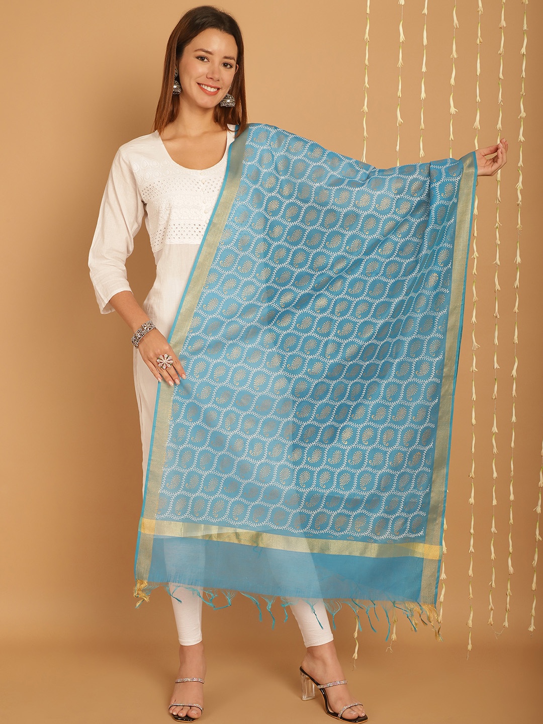 

SOUNDARYA Paisley Printed Banarasi Silk Dupatta, Turquoise blue