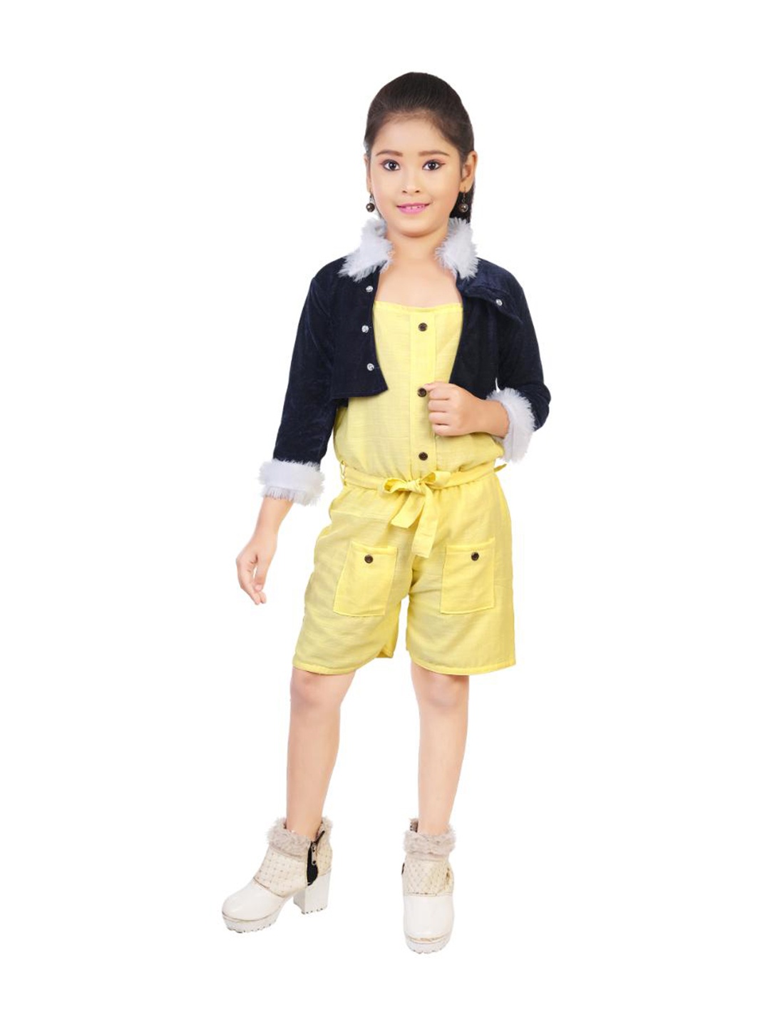 

BAESD Girls Printed Shoulder Straps Cotton Playsuit with Jaket, Yellow