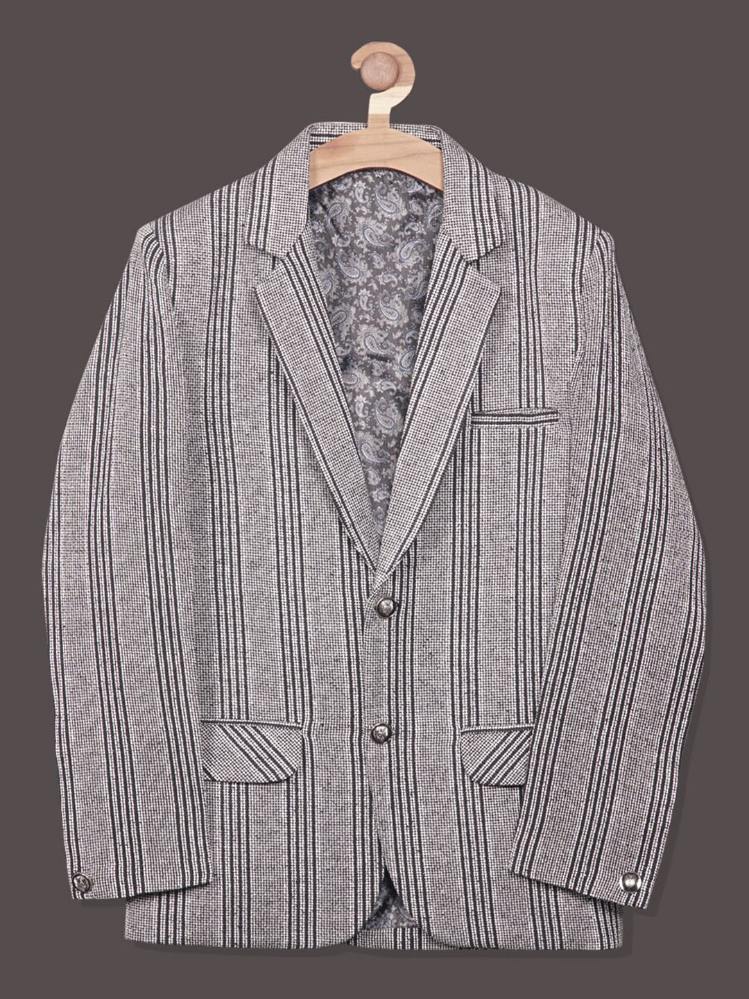

RIKIDOOS Boys Striped Tailoured-Fit Single-Breasted Cotton Casual Blazer, Grey